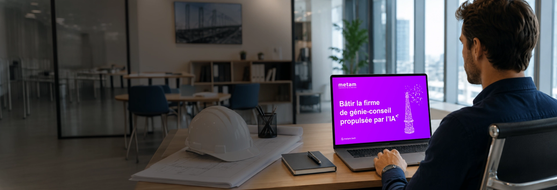 Un professionnel consulte un webinaire Metam sur son ordinateur portable, dans un bureau lumineux